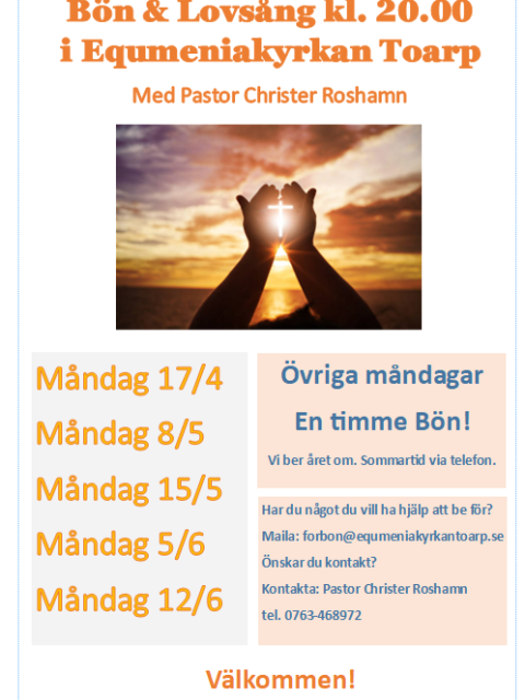 Bön & Lovsång 15 Maj Kl. 20.00